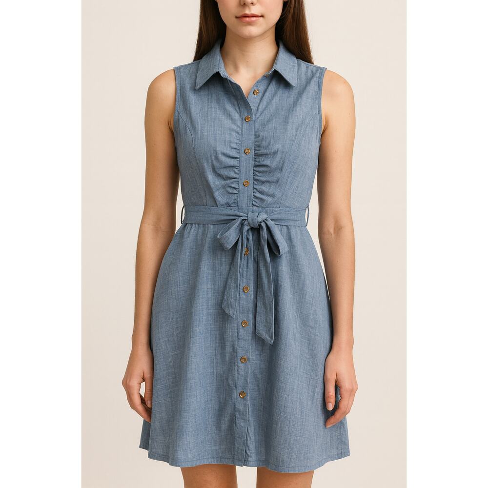 CBR Women's Chambray Denim Sleeveless‎ Collared Dress Size Small Tie-Waist